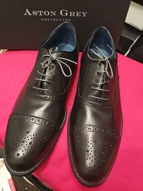 Aston Grey Men's Black Leather Oxford with Brogue Detail